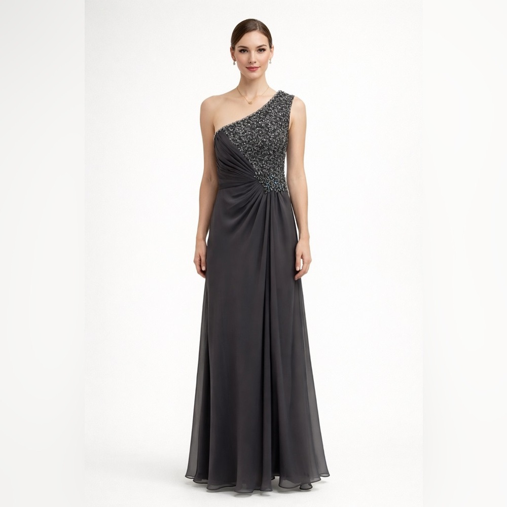 Vintage Aspeed One Shoulder Chiffon Gown Embellished Gray Medium Y2K Prom Chic